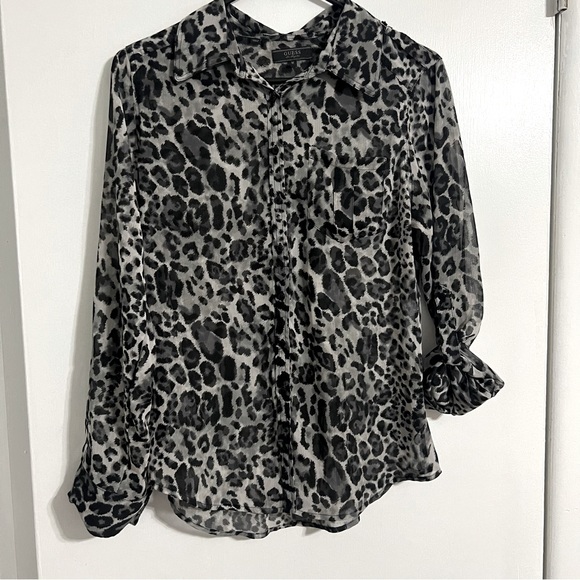 Guess Tops - GUESS Sheer leopard Mesh Button‎ Sz M Roll Sleeves Trendy Edgy Y2K Date Night